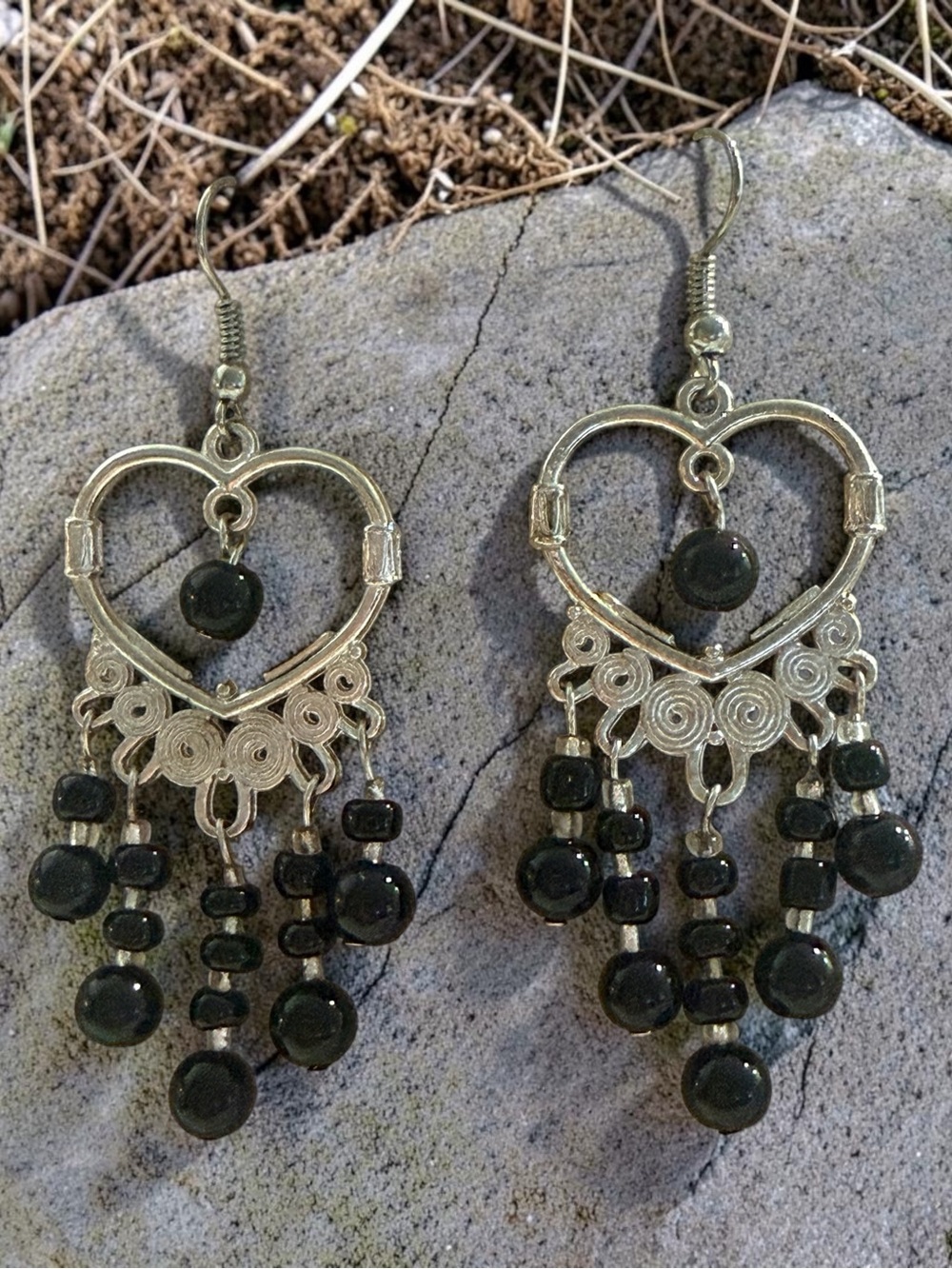 Silver Heart Chandelier Earrings with Black Beads